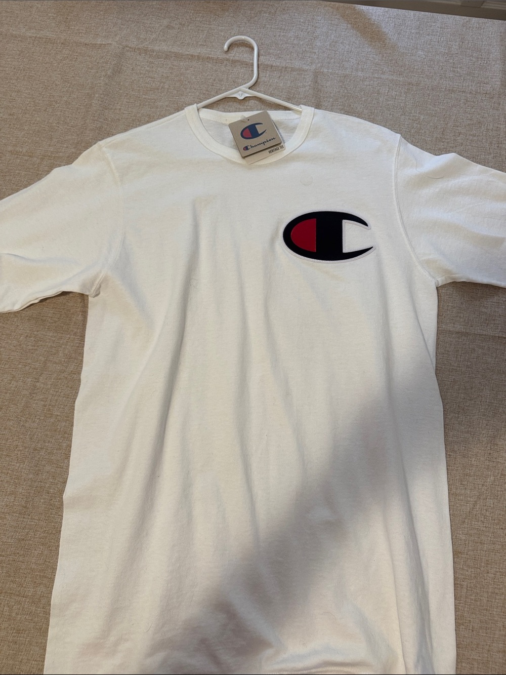Champion White Short Sleeve Tee with Black & Red Chest C Logo